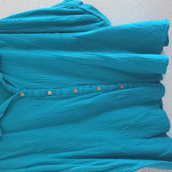 Zenana Double Gauze 3/4 Sleeve Button-Down Top – Dusty Teal - Picture 9 of 9